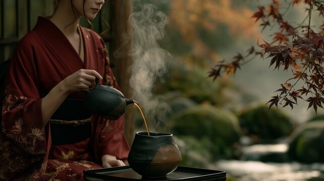 Woman pours tea in a garden with autumn leaves in Japan during the afternoon