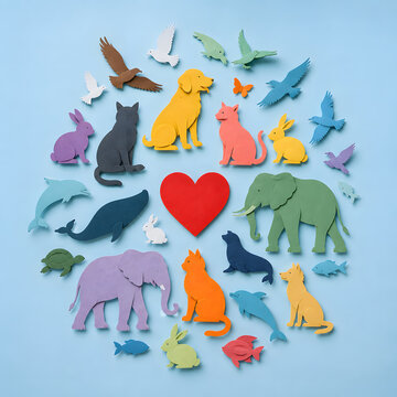 Collage of colorful paper animals surrounding central heart.