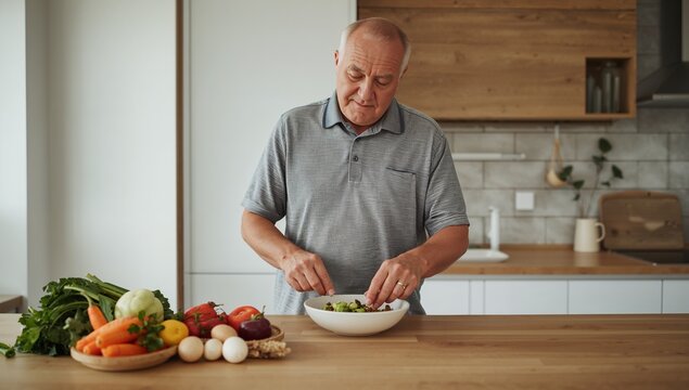 Mann &uuml;ber sechzig kocht gesunde proteinreiche Mahlzeit zuhause