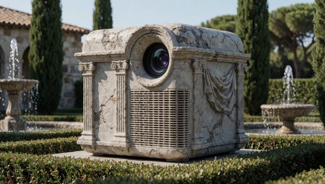 Large ornate stone-like object center garden appears projector round circular lens top made light-colored ston