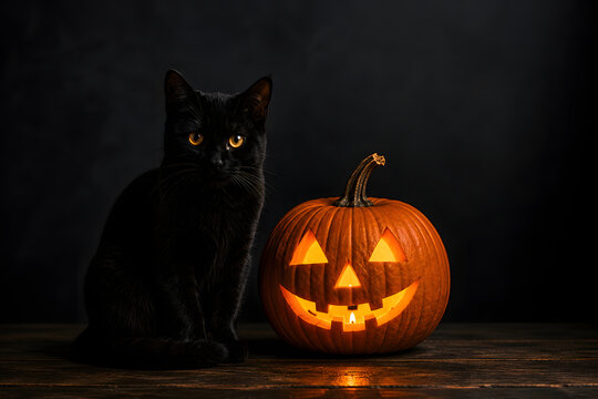 Black cat sitting next to lit carved halloween pumpkin.