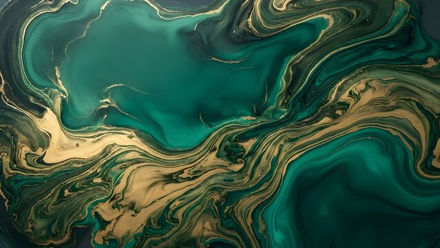 Abstract flowing liquid marbled texture with emerald green and gold veins, digital art background