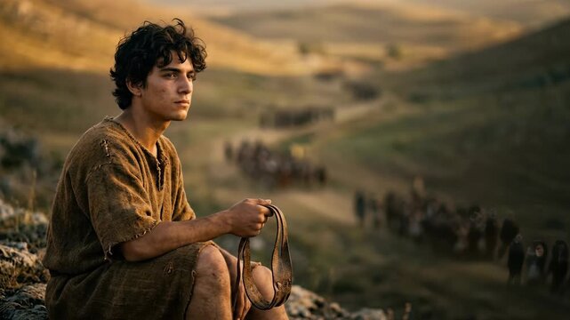 young shepherd boy david holding a sling while sitting on a rocky hill watching the distant hostile philistine army winding through the arid valley landscape during an epic biblical confrontation