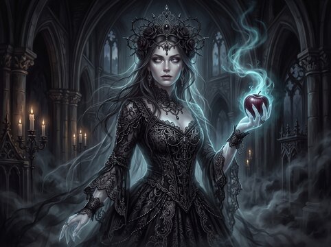 Dark fantasy gothic vampire queen holding a glowing magical apple inside a gloomy cathedral