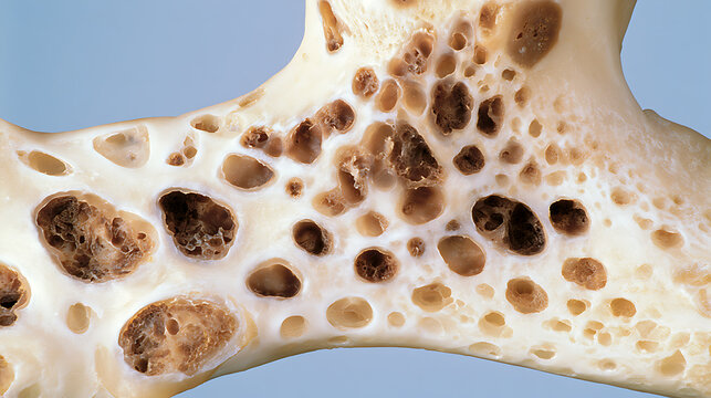 Macro image showing detailed structure of human cancellous bone, spongy bone tissue with trabeculae and marrow cavities for medical use