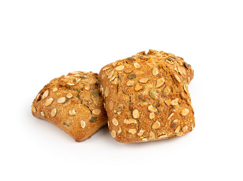 Pumpkin seeds bread isolated, breakfast roll with pepita seeds. Fitness square bun, healthy burger