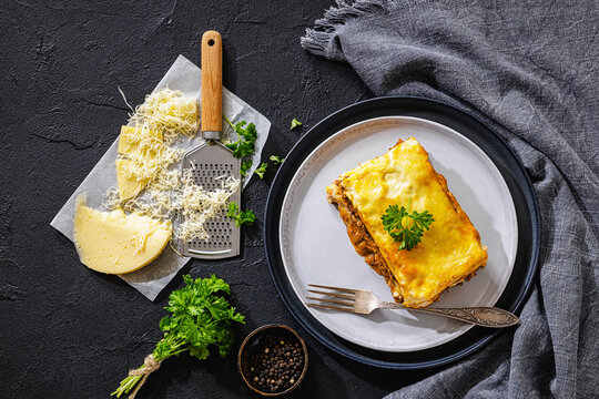 Beef lasagna slice with ground meat, pasta sheets