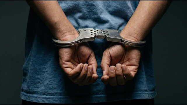 Close up Video of a Persons Hands Handcuffed Behind Their Back Illustrating Concepts of Arrest Crime and Justice