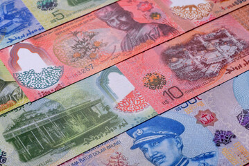 Brunei paper money, dollar banknotes and sen coins as currency for exchange or travel. Brunei money © chernikovatv