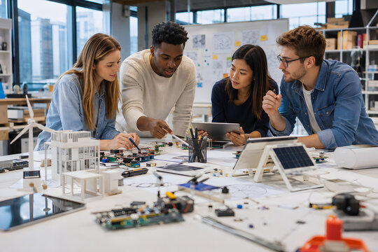 Diverse team of young engineers working on renewable models.