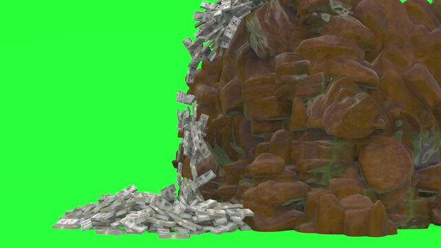 United states dollar bills falling like a waterfall from golden rocks