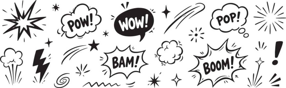 Collection of hand-drawn comic book sound effects and speech bubbles perfect for graphic design and illustration projects