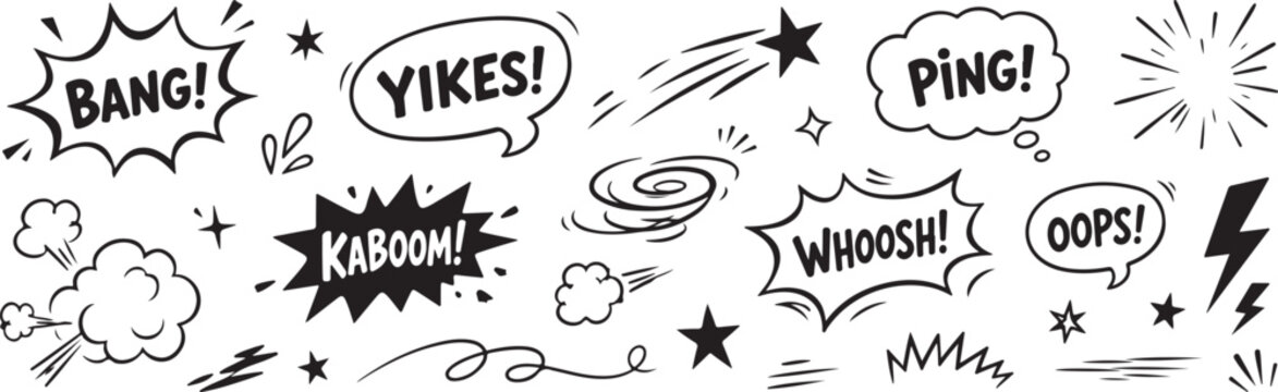Collection of comic book sound effect speech bubbles hand-drawn doodle elements for action and impact isolated on white background