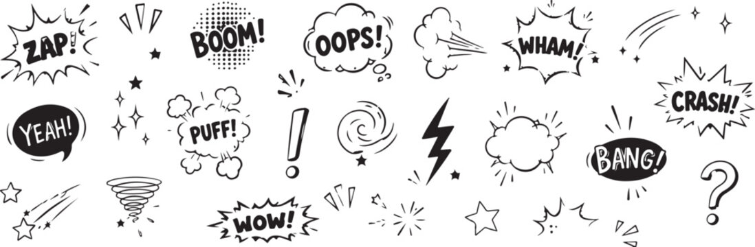 Collection of hand-drawn comic book sound effect words and symbols including Zap Boom Wham Crash and Bang for graphic design and illustration