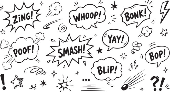 Hand-drawn comic book sound effect speech bubbles including Zing Poof Smash Whoop Yay Blip and Bonk perfect for graphic design and illustration