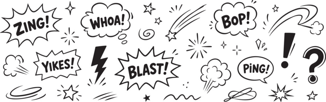 Hand-drawn comic book sound effect speech bubbles and action lines perfect for graphic design and illustration projects