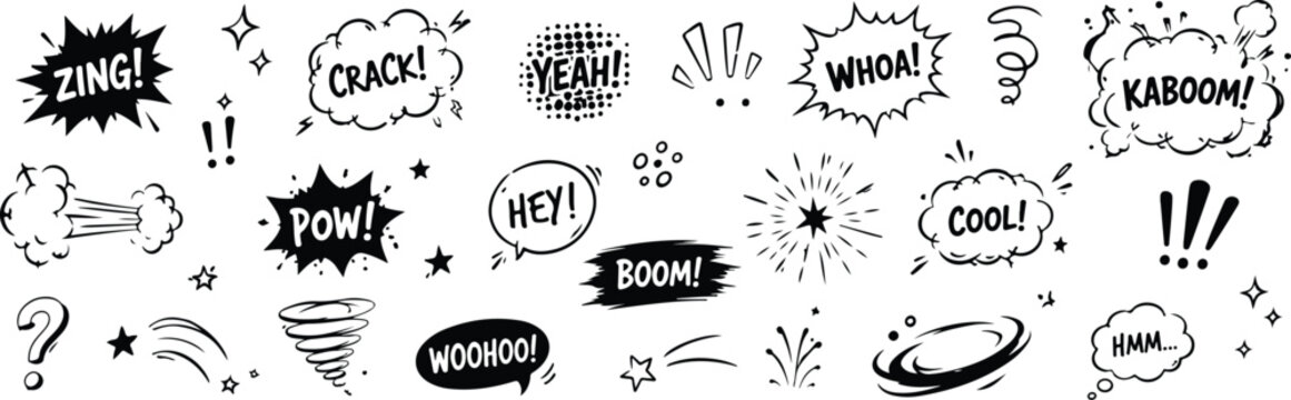Collection of hand-drawn comic book sound effect words and symbols doodle style for graphic design elements