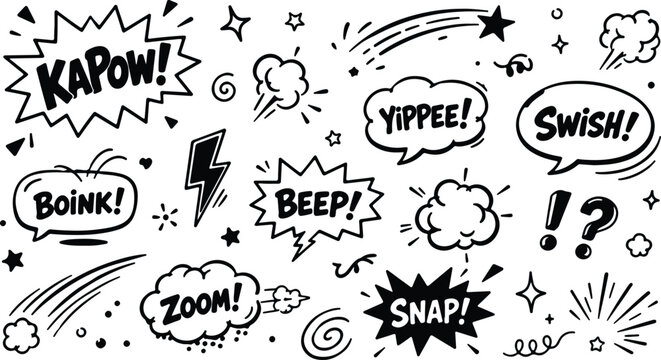 Collection of comic book sound effect speech bubbles and action words hand-drawn doodle style for graphic design and illustration isolated on white background