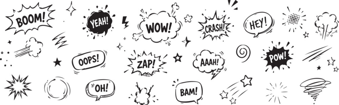 Collection of hand-drawn comic book sound effect speech bubbles and action elements perfect for graphic design and illustration