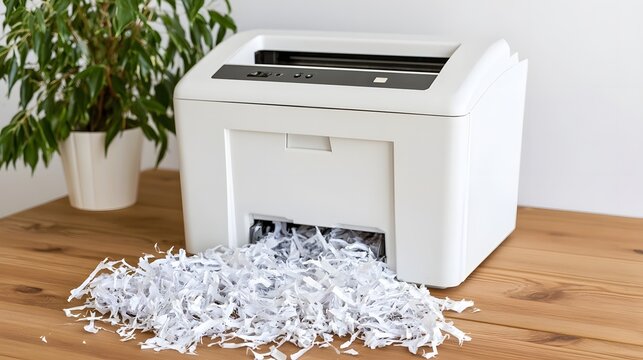 White document shredder on wooden desk with shredded paper pile and potted plant nearby in bright room