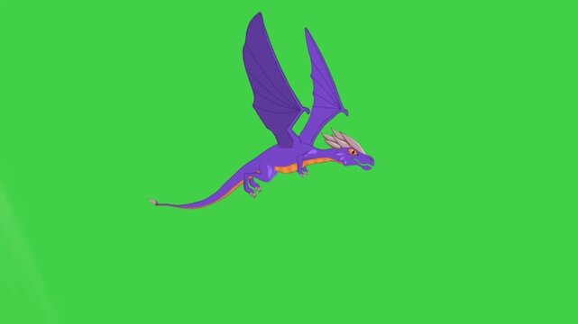 Animated purple dragon flying in place on a green screen background for video compositing and editing