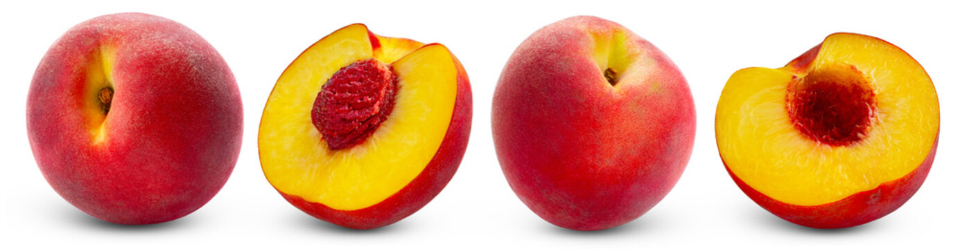 Red juicy peaches isolated set. Whole red peach, cut in a half of peach with seed and slice without seed isolate collection. Clipping path.