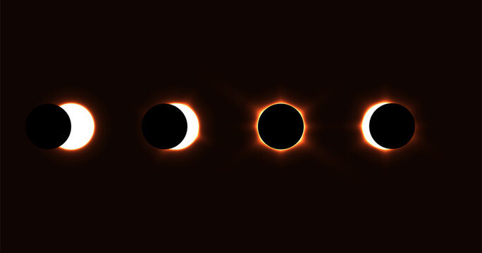 Different phases of solar eclipse. Iridescent round aura eclipse. Ideal for themes related to science, astronomy, eclipses, celestial bodies, and the wonders of the universe.