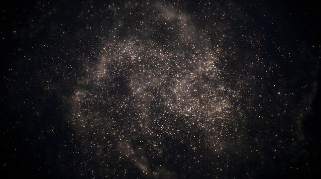 Luminous gold particles floating in dark space with ethereal abstract light particles drift with creating soft ethereal, small glowing gold, across dark void