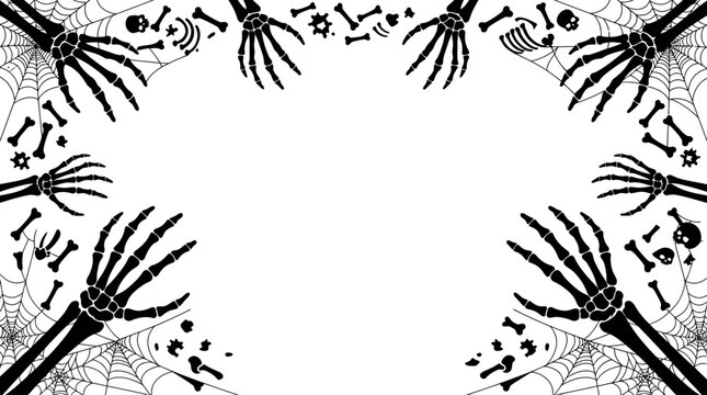 Haloween border Spooky Halloween skeleton hands frame. Vintage death borders with spider webs and bones. Black silhouettes for scary holiday design. Scary vector illustrations isolated on White