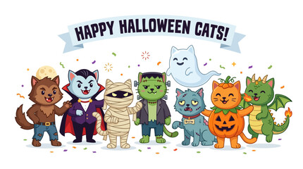 Fototapeta premium Cute Halloween Cats in Costumes Cartoon Illustration