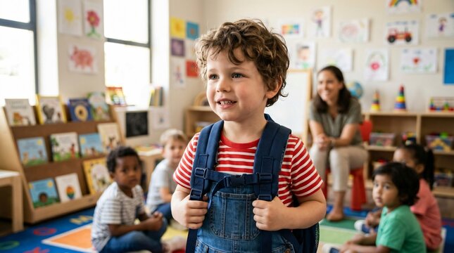 Cheerful young boy with backpack in kindergarten classroom, ready for the first day of school and fall semester.