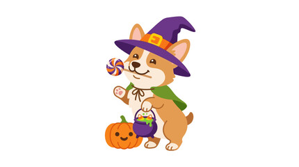 Fototapeta premium Cute corgi dog dressed as witch with candy and pumpkin