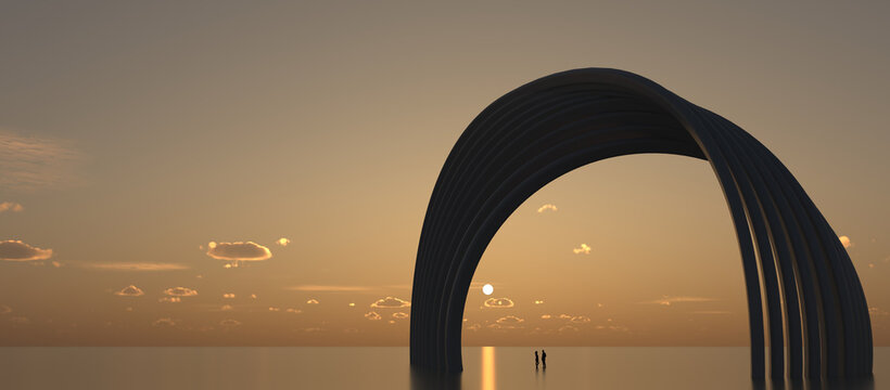 Large parametric architectural arch structure at sunset with two small silhouettes standing for scale