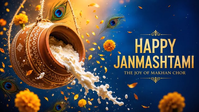 Happy janmashtami celebration banner with traditional dahi handi butter pot spilling fresh cream