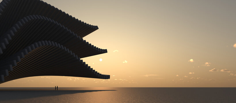 Wide view of a tiered parametric architectural roof structure during sunset with scale silhouettes