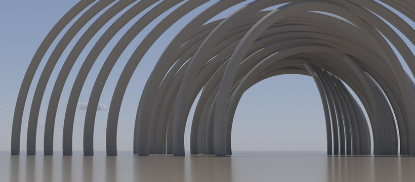 Modern parametric pavilion structure with multiple curved architectural ribs under a clear sky