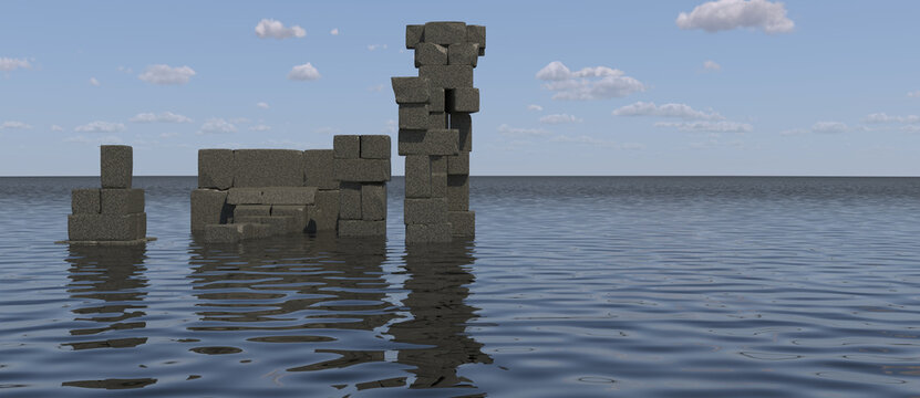 Ancient stone ruins rising from a calm ocean under a clear blue sky