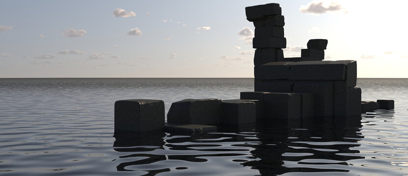 Ancient stone block ruins submerged in a calm ocean at sunset