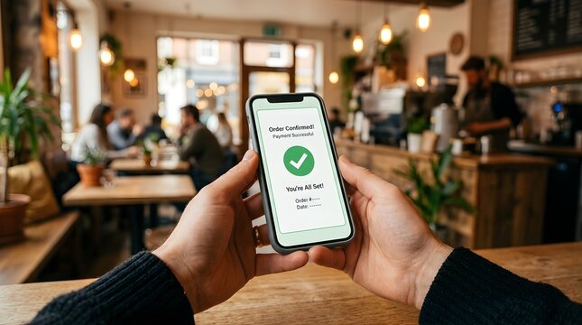 Person holding smartphone displaying a successful mobile payment confirmation