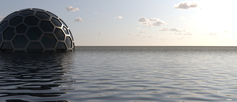 Futuristic hexagonal dome structure floating on a calm ocean at sunset