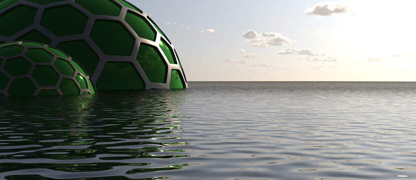 Green hexagonal dome structures floating on a tranquil ocean surface at sunset