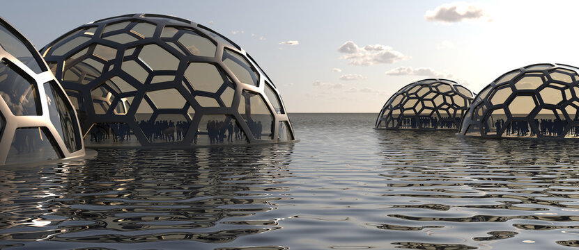 Futuristic hexagonal dome community floating on the ocean with crowds of people inside