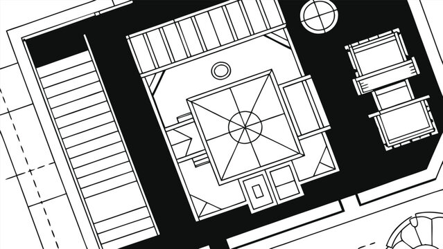 View architectural floor plan showing a central courtyard with stairs and geometric structures