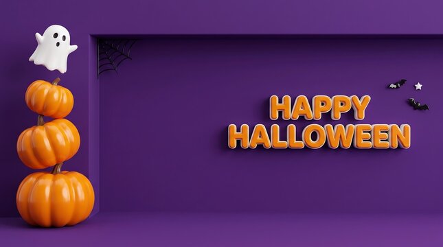 Happy halloween greeting with cute ghost and stack of orange pumpkins on purple background