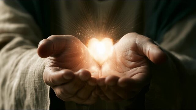 Jesus Christ holds a glowing heart in his hands, symbolizing love and compassion for humanity at a moment of connection