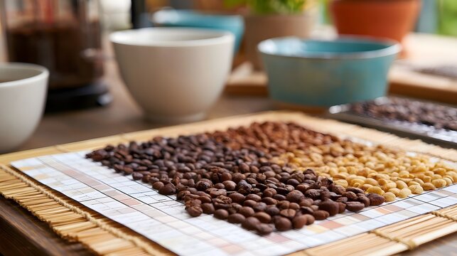 Coffee beans arranged in gradient of roast levels on a color comparison chart with bowls and tools in background
