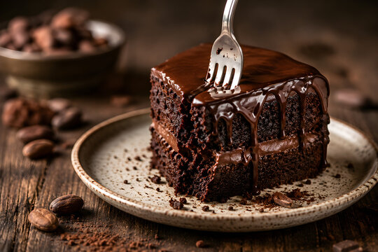 Decadent chocolate cake with melting ganache, rich fudge brownie on plate, dark cocoa dessert for bakery menu design