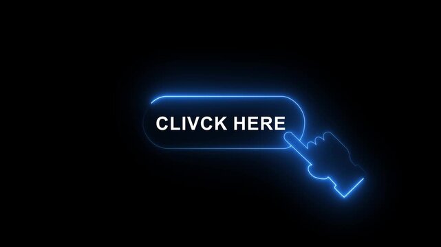 Glowing Neon Click Here Button with Hand Cursor Animation on Black Background