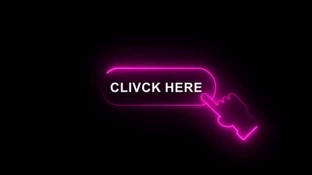 Glowing Neon Click Here Button with Hand Cursor Animation on Black Background