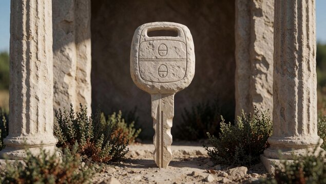 Close-up stone key keyhole center made light-colored has rectangular shape rounded edges resting bed small roc